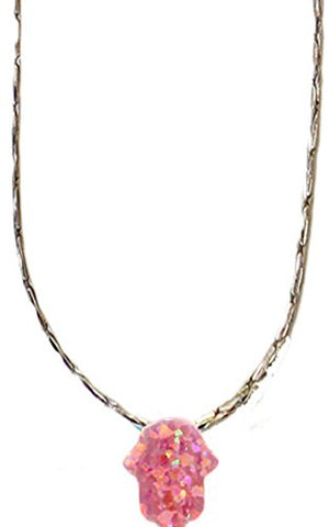 Opal Pink Hamsa Amulet With Silver Â Necklace - Chain 16 inch  Pendant 5/16 inch  W X 3/8 inch  H