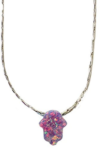 Opal Purple Hamsa Amulet With Silver Â Necklace - Chain 16 inch  Pendant 5/16 inch  W X 3/8 inch  H
