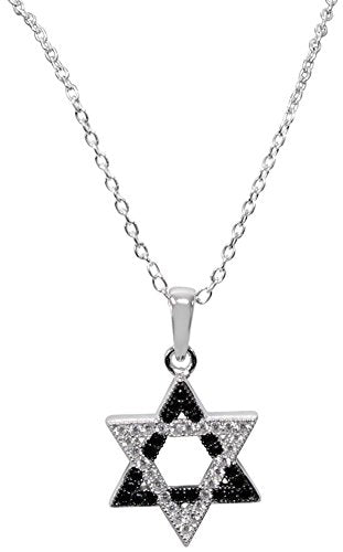 Silver Star Of David Necklace With Black/Silver Stones - Chain 18 inch Pendant 1/2 inch H X 1/2 inch W
