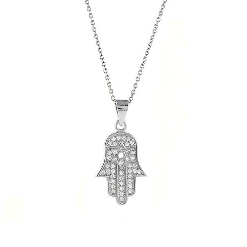 Ben and Jonah 925 Sterling Silver CZ Micro Pave Star of David in Hamsa with 18 inch Link Chain