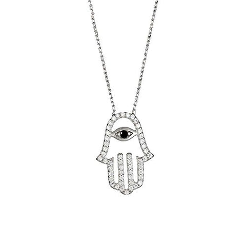 Ben and Jonah 925 Sterling Silver Rhodium Plated CZ Hamsa with Center Dark Blue Evil Eye on an 18 inch  Chain