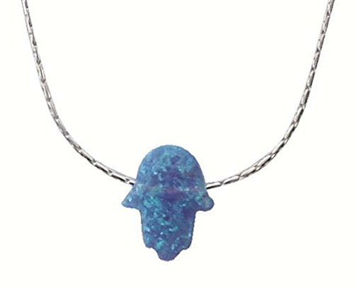 Opal Blue Hamsa Amulet With Silver  Necklace - Chain 16 inch Pendant 5/16 inch W X 3/8 inch H