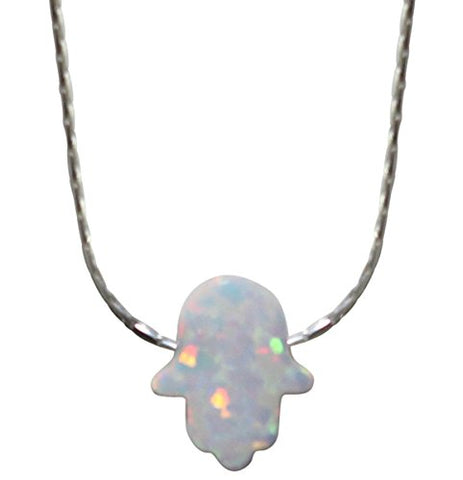 Large Opal White Hamsa Amulet with Silver Necklace - Chain 18 inch  Pendant 7/16 inch W X 1/2 inch H