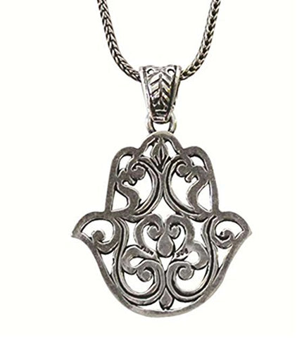 Silver Floral Hamsa Amulet Necklace - Chain 21 inch  Pendant 1 inch  x 1 inch 
