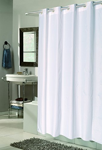 Royal Bath Easy On (No Hooks Needed) Fabric Shower Curtain (70 inch x 72 inch ) with Built in Hooks - White Check