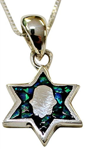 Silver & Opal Star Of David With Inner Hamsa Amulet Necklace - Chain 18 inch  Pendant 5/8 inch  H 1/2 inch  W