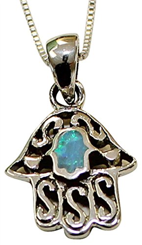 Silver & Opal Ornate Hamsa Amulet Necklace - Chain 18 inch Pendant 5/8 inch H 1/2 inch W