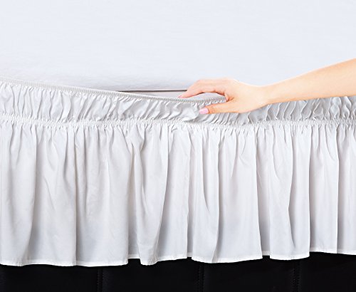 EasyWrap White Elastic Ruffled Bed Skirt with 16 inch Drop - Twin/Full