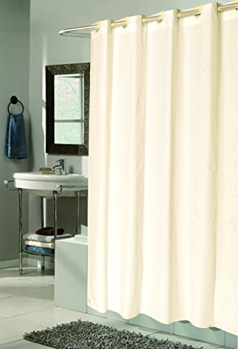 Royal Bath Easy On No Hooks Needed Extra Long (72 inch x 84 inch ) Fabric Shower Curtain with Built in Hooks - Ivory Check