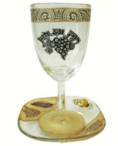 Glass Kiddush Cup with Plate Tulip - Brown - Cup 6.5 inch  H - Plate 5 inch  x 5 inch 