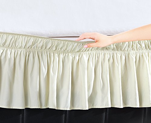 EasyWrap Ivory Elastic Ruffled Bed Skirt with 16 inch Drop - Queen/King