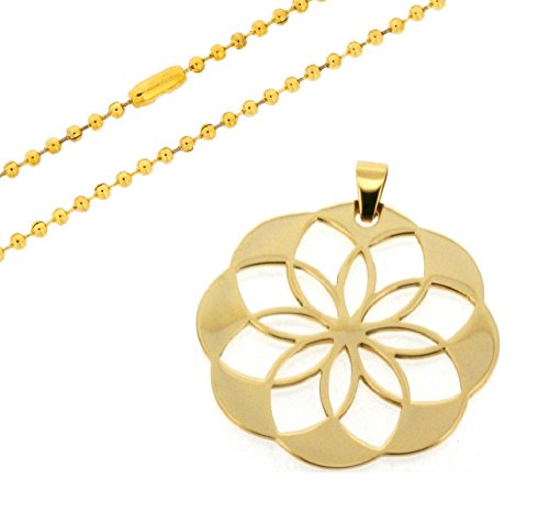 Ben and Jonah Stainless Steel Flower Design Pendant with 24 inch Bead Chain Gold Plated
