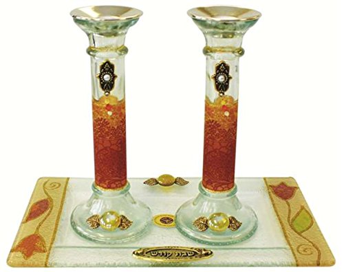 Ultimate Judaica Candle Stick With Tray Large Applique - Colorful - Tray 10 inch W X 5 inch L - Candlesticks - 7.5 inch H