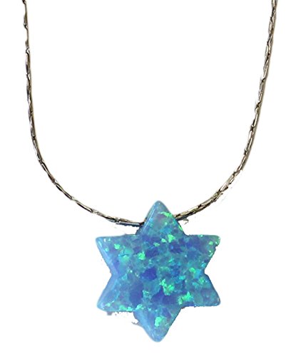 Opal Blue Star Of David With Silver Necklace - Chain 18 inch Pendant 1/4 inch W 1/4 inch H