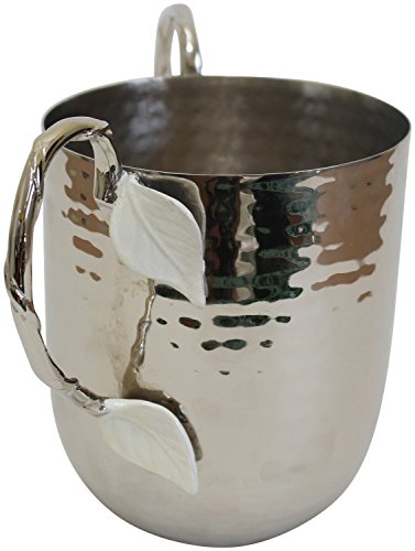 Ultimate Judaica Holister Washing Cup Hammered Stainless Steel With Silver Handles & White Leaf- 5 inch X 4.5 inch