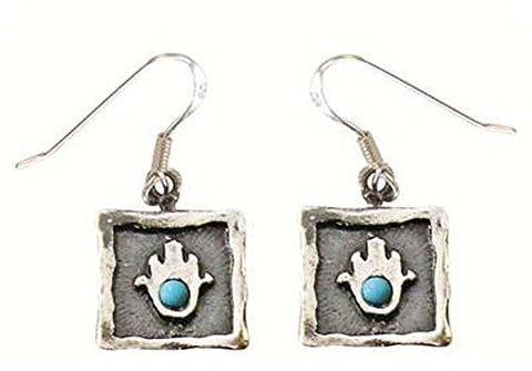 Geometric Swaure Hamsa Amulet Earrings With Turquoise - Hamsa Amulet 3/8 inch  X 3/8 inch 