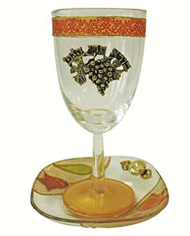 Glass Kiddush Cup with Plate Tulip - Colorful - Cup 6.5 inch  H - Plate 5 inch  x 5 inch 