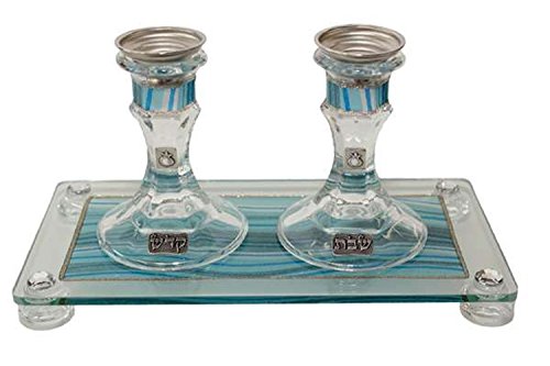 5th Avenue Collection Candle Stick With Tray Medium Applique - Ocean Blue  - Tray 11 inch W X 6 inch L Candlesticks 4 inch H
