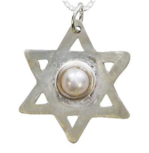 Silver Star Of David With Pearl - Chain 16 inch Pendant 5/8 inch W X 6/8 inch H