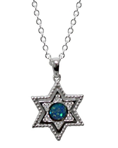 Ultimate Silver Star of David Amultet with Opal and Micro CZ Stones - Chain 18 inch  Pendant 3/4 inch 