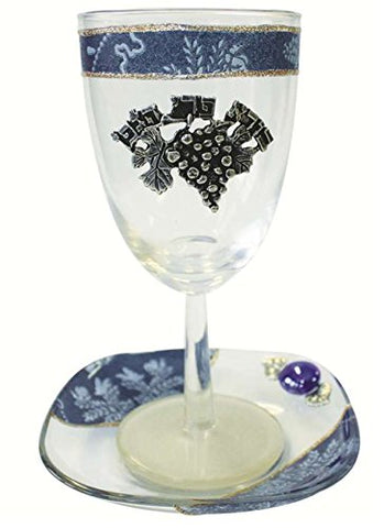 Glass Kiddush Cup with Plate Applique - Blue - Cup 6.5 inch  H - Plate 5 inch  x 5 inch 
