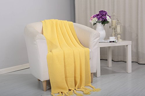 Tejido Collection Classic Woven Knitted Throw Blanket with Fringes (50 inch x 60 inch ) - Yellow