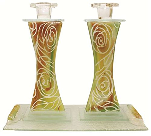 Ultimate Judaica Candlesticks With Tray Clear Design - Roses - Tray 11 inch W x 4.5 inch L Candlesticks 3 inch W x 9 inch H
