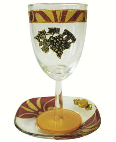 Glass Kiddush Cup with Plate Applique - Burgundy - Cup 6.5 inch  H - Plate 5 inch  x 5 inch 