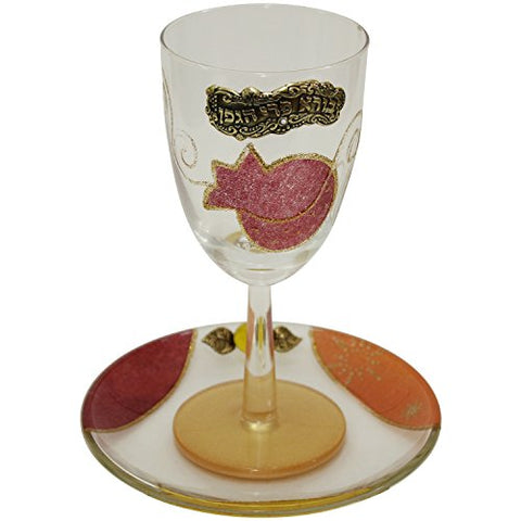 Glass Kiddush Cup with Plate Â Applique - Red - Cup 6.5 inch  High - Plate 5 inch  x 5 inch 