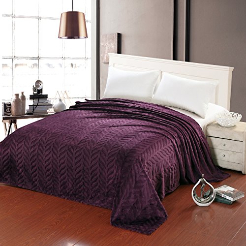 Ben&Jonah Designer Plush King (102 inch x 86 inch ) Leaf Etched Jacquard Blanket - Purple