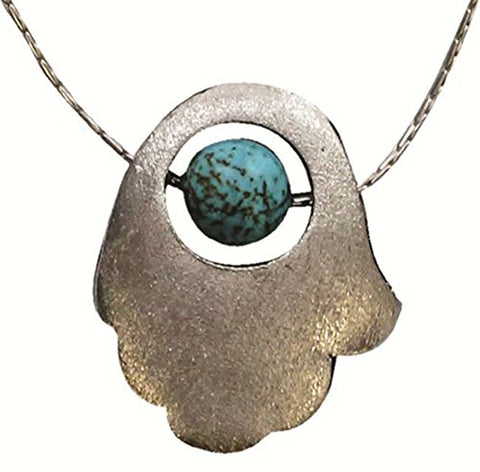 Conremporary Hamsa Amulet Necklace With Turquoise Globe - Chain 16 inch  Pendant 5/8 inch  W X 6/8 inch  H