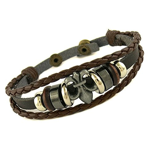Ben & Jonah Brown Leather and Stainless Steel Multi Layer Bracelet with Fleur De Lis (7.5 inch -8.5 inch Adjustable Length)
