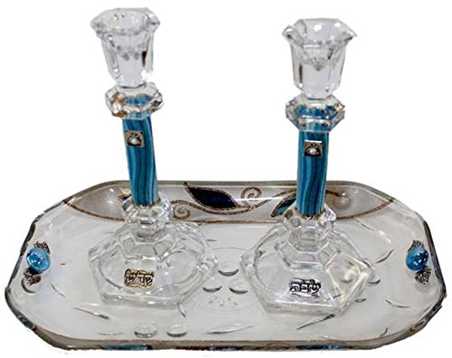 5th Avenue Collection Candle Stick With Tray Large Applique - Ocean Blue With Tulip - Crystal  - Tray 10 inch W X 5 inch L -  Candlesticks  - 7.5 inch H