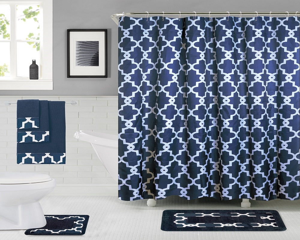 18-Piece Bathroom Set - Total makeover - Includes Fabric Shower Curtain, Bath Rug & Contour Rug, 3 Towels and 12 Hooks