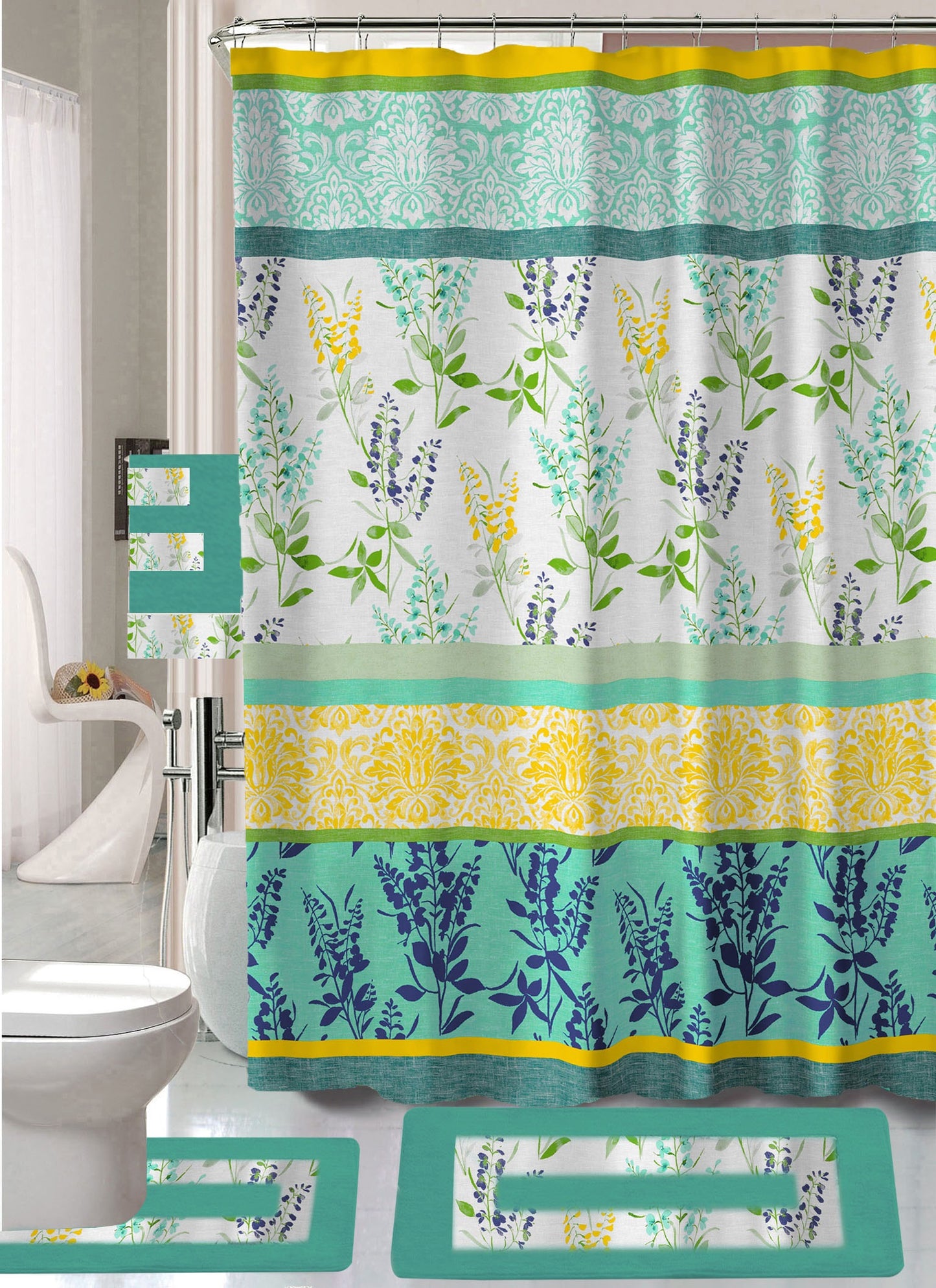 18-Piece Bathroom Set - Total makeover - Includes Fabric Shower Curtain, Bath Rug & Contour Rug, 3 Towels and 12 Hooks