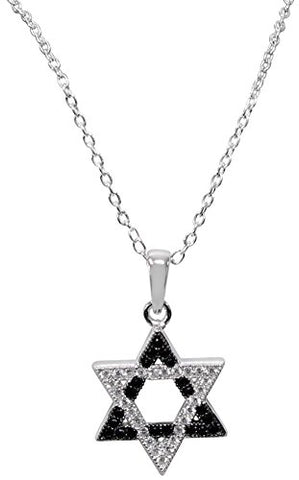 Silver Star Of David Necklace With Black/Silver Stones - Chain 18 inch  Pendant 1/2 inch H X 1/2 inch W