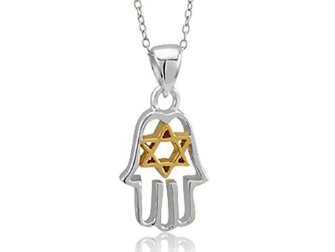 Silver Hamsa with Gold Tone Star of David on 16 inch  Link Chain