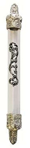 Ultimate Judaica Translucent Mezuzah Cover with Silver Floral Shin Daled Yud Design - 10 CM