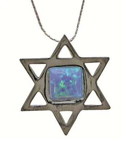 Silver Star Of David Necklace With Opal - Chain 16 inch  Pendant 7/8 inch  W X 1 inch  H