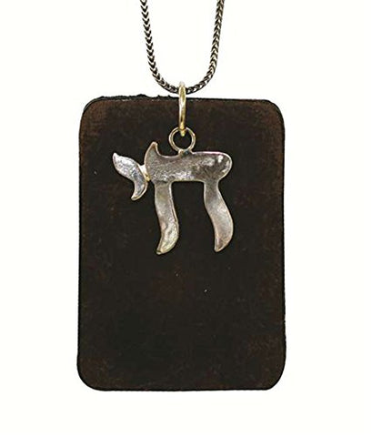 Silver Chai On A Leather Pendant - Chain 21 inch  Leather 1 1/4 inch  W X 2 inch  H Pendant 6/8 inch  X 6/8 inch 