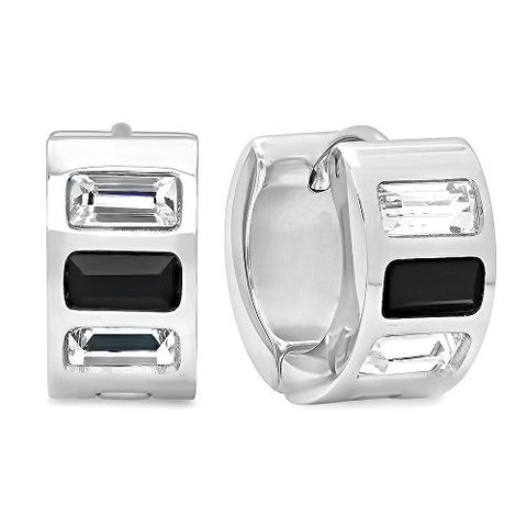 Ben and Jonah Ladies Stainless Steel White and Black Simulated Diamond Layered Huggies