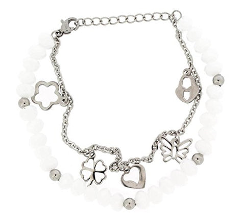 Ben and Jonah Stainless Steel Double Link Bracelet With White Stones and Charms