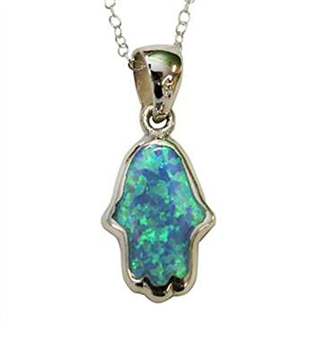 Stylish Silver Opal Hamsa Amulet Necklace - Chain 18 inch  Pendant 3/8 inch  W 1 inch  H