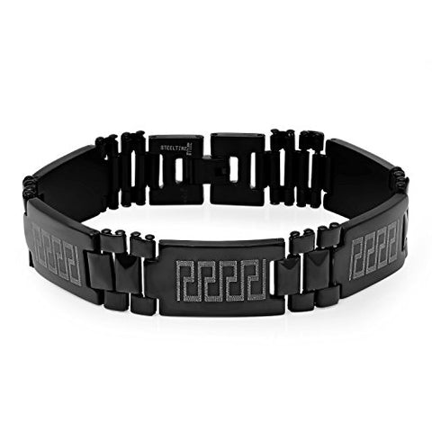 Men's Black IP Stainless Steel Bracelet with Greek Key Design