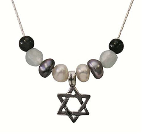 Silver Star Of David Necklace With Pearl Ocean And Garnet - Chain 16 inch  Pendant 5/16 inch  X 5/16 inch  H