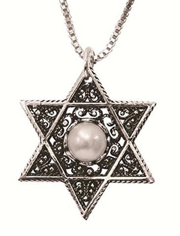 Silver Star Of David Necklace With Pearl - Chain 16 inch  Pendant 7/8 inch  W X 1 inch  H