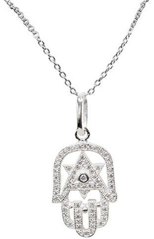 Silver Hamsa Necklace With Stones - Chain 18 inch  Pendant 1/2 inch W X 1 inch H