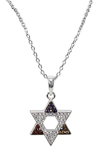 Silver Star Of David Necklace With Multi Color Stones - Chain 18 inch  Pendant 1/2 inch H X 1/2 inch W