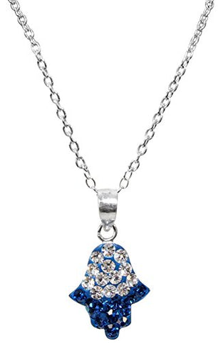 Silver Hamsa Necklace With Blue/Silver Stones - Chain 18 inch  Pendant 1/2 inch H X 1/2 inch W