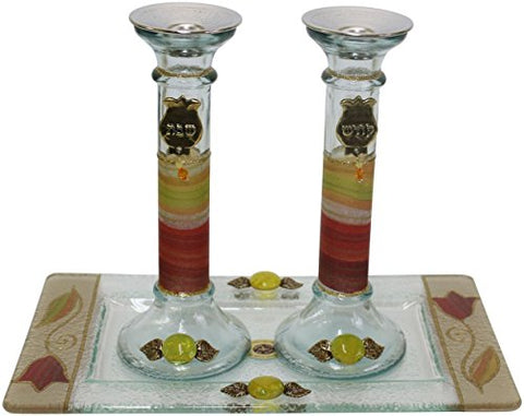 Ultimate Judaica Candle Stick With Tray Large Applique - Colorful - Tray 10 inch  W X 5 inch  L - Candlesticks - 7.5 inch  H